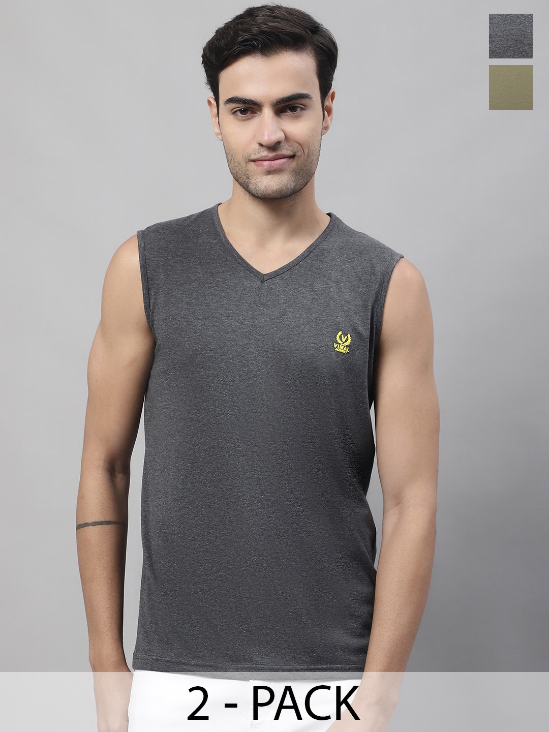 

VIMAL JONNEY Pack Of 2 Pure Cotton Gym Vest, Yellow
