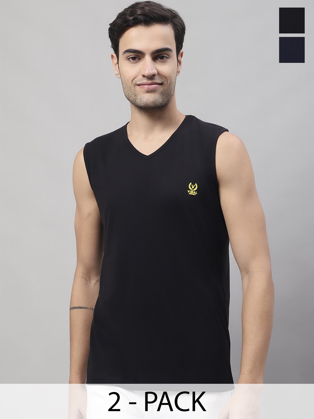 

VIMAL JONNEY Pack Of 2 Cotton Innerwear Vests V_SL_RED_NVY._02-, Black