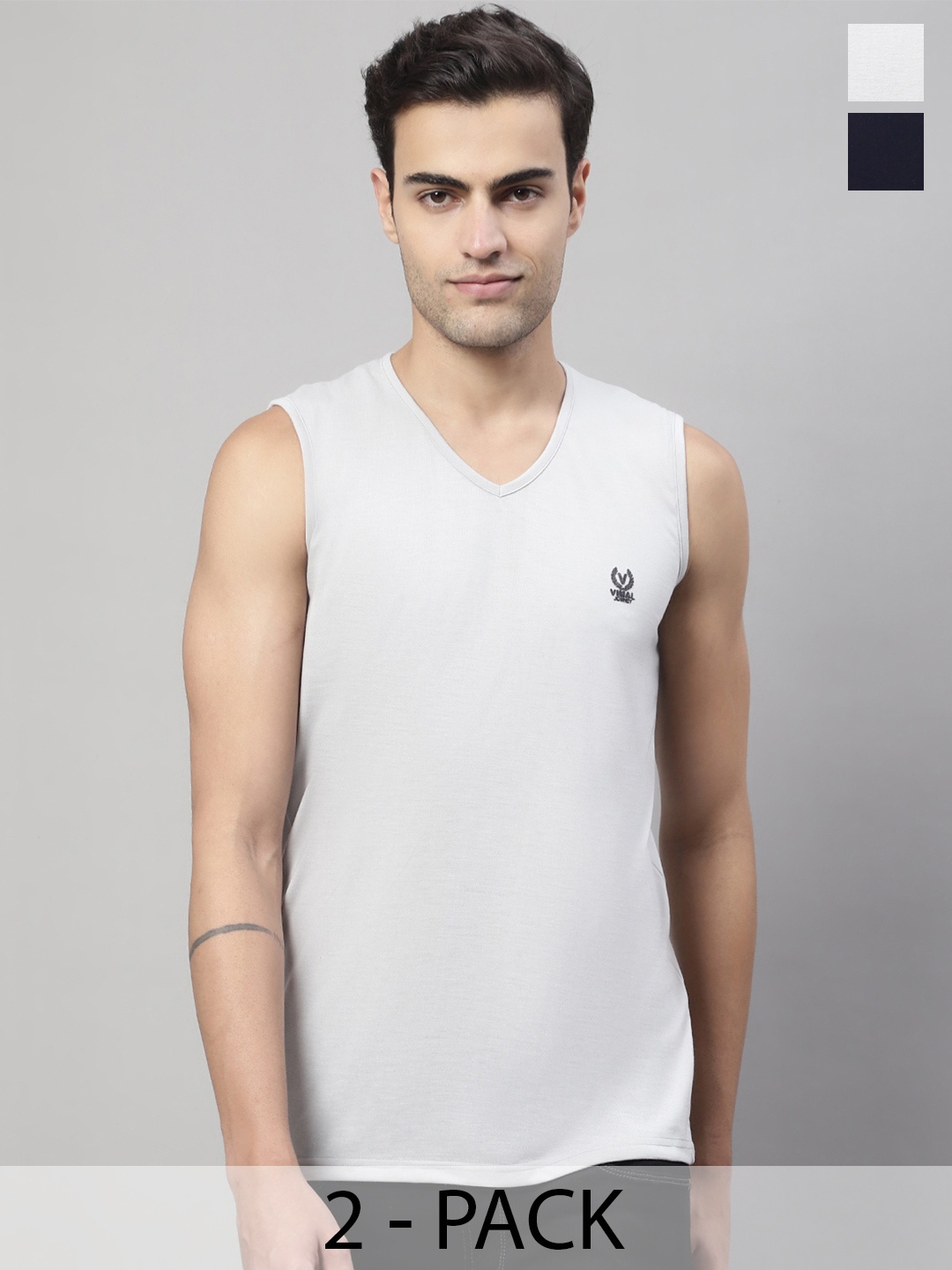 

VIMAL JONNEY Pack Of 2 Pure Cotton Gym Vest V_SL_NVY_L.GRY._02, Blue