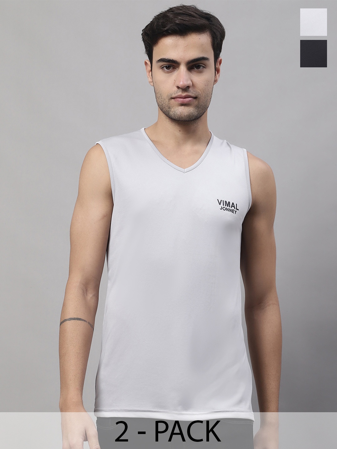 

VIMAL JONNEY Pack Of 2 Dry-Fit Gym Vest DRYFIT_V_SL_BLK_L.GRY._02, Black