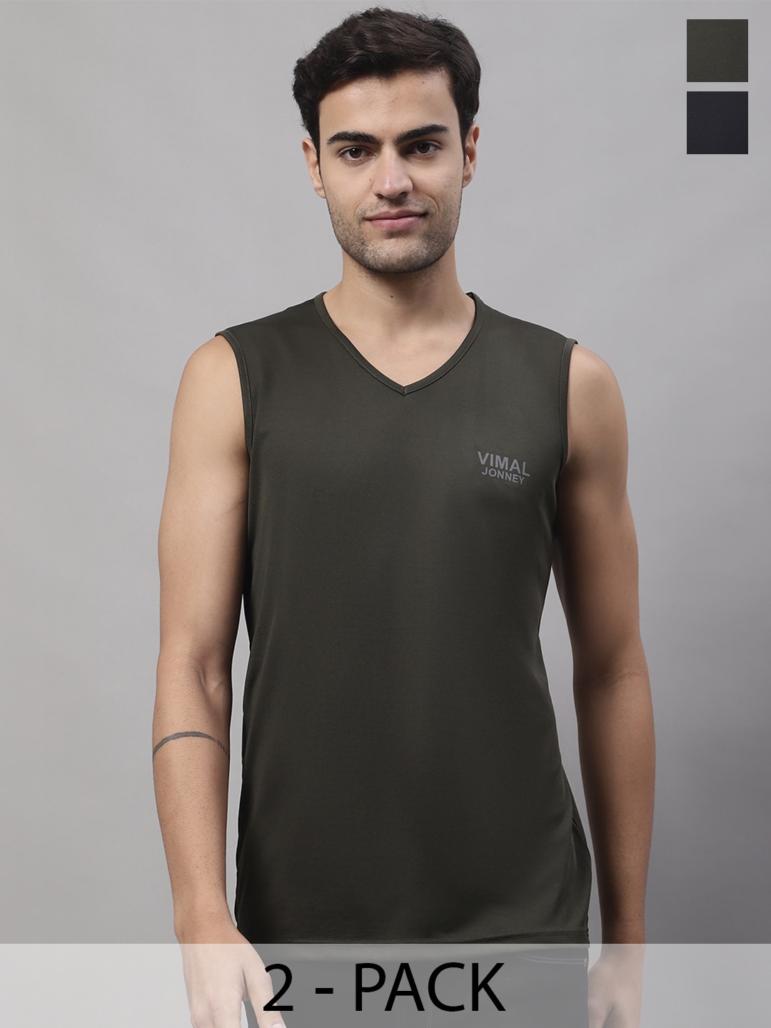 VIMAL JONNEY Pack Of 2 Pure Cotton Gym Vests V_SL_BLK_OLV._02, Red