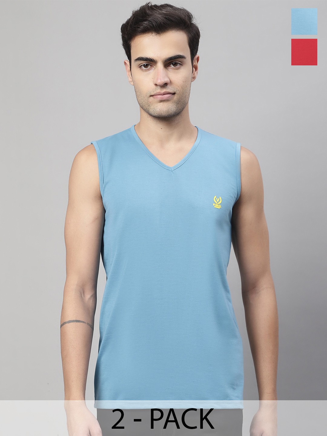 

VIMAL JONNEY Pack Of 2 Pure Cotton Gym Vests V_SL_BLU_RED._02, Beige