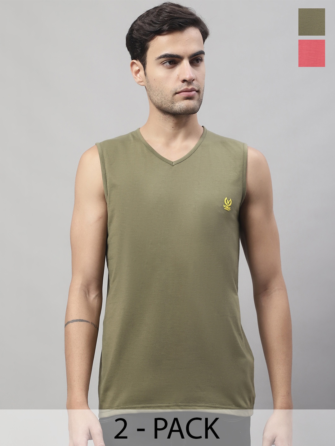 

VIMAL JONNEY Pack Of 2 Pure Cotton Gym Vests V_SL_PNK_OLV._02, Black