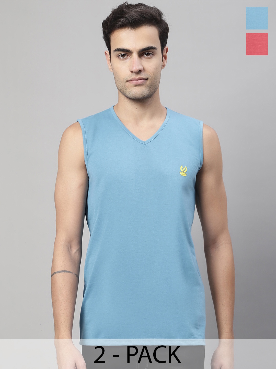 

VIMAL JONNEY Pack Of 2 Pure Cotton Gym Vests V_SL_BLU_PNK._02, Olive