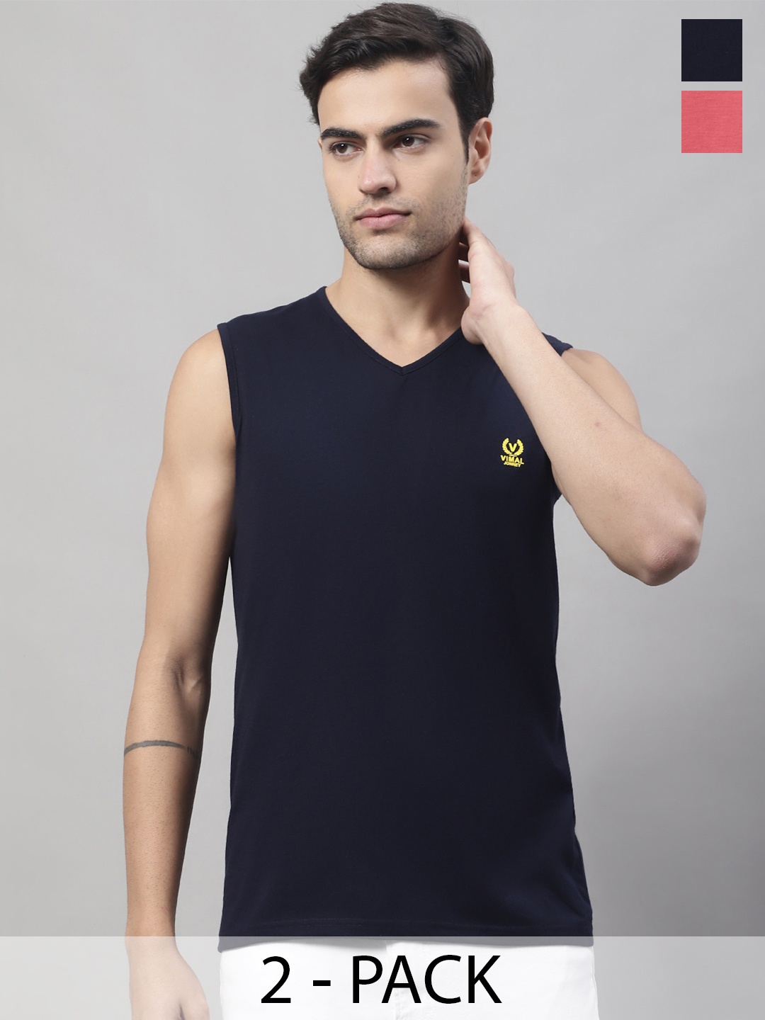 

VIMAL JONNEY Pack Of 2 Pure Cotton Gym Vests V_SL_PNK_NVY._02-, Red