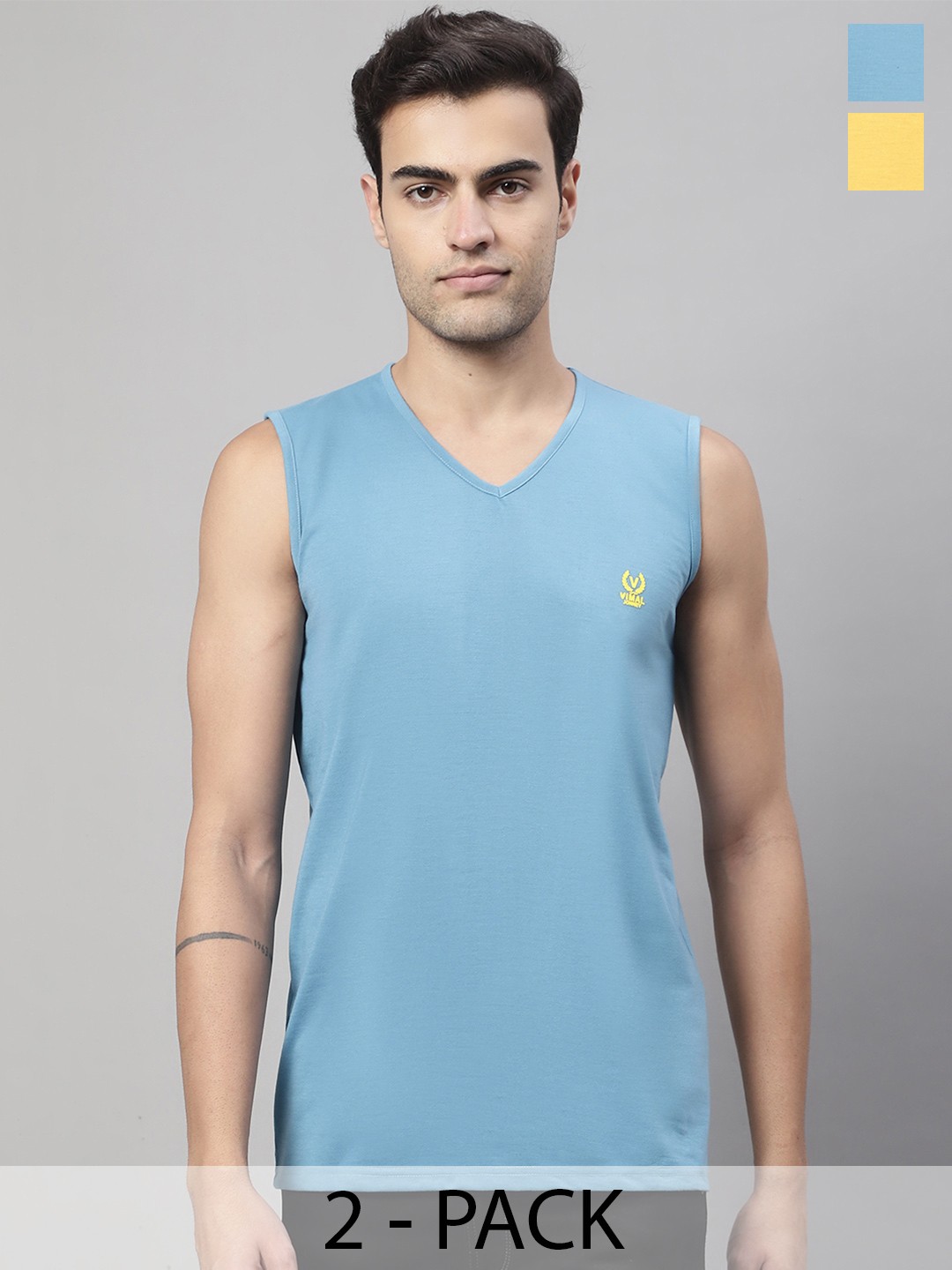 

VIMAL JONNEY Pack Of 2 Pure Cotton Gym Vests V_SL_BLU_YEL._02, Grey