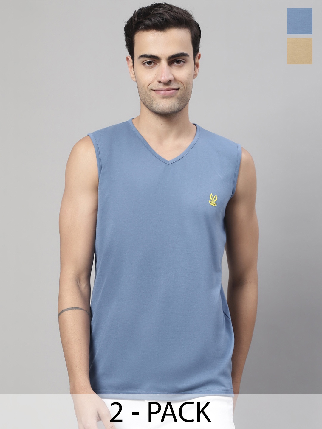 

VIMAL JONNEY Men Pack Of 2 Pure Cotton Gym Vests V_SL_MUD_D.GRY._02, Sea green