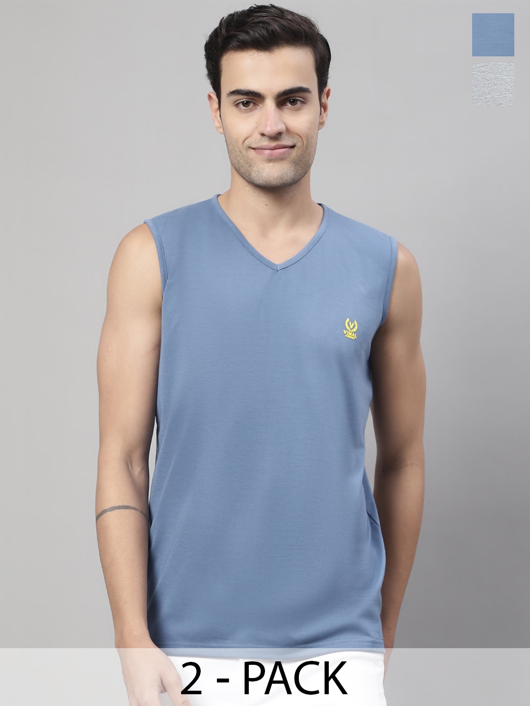 

VIMAL JONNEY Pack Of 2 Pure Cotton Gym Vest, Navy blue