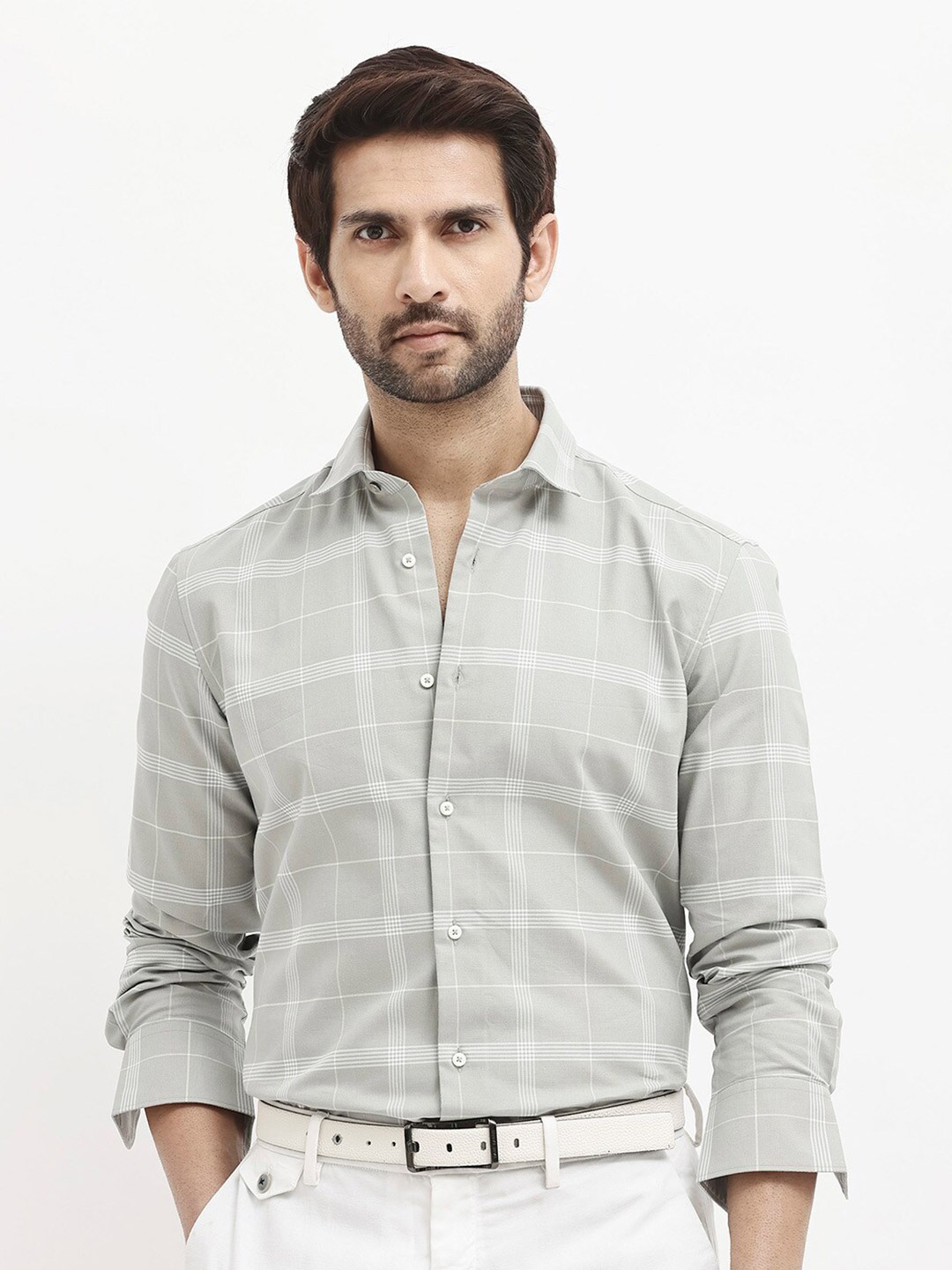 

RARE RABBIT Men Wando Regular Fit Windowpane Checked Shirt, Grey