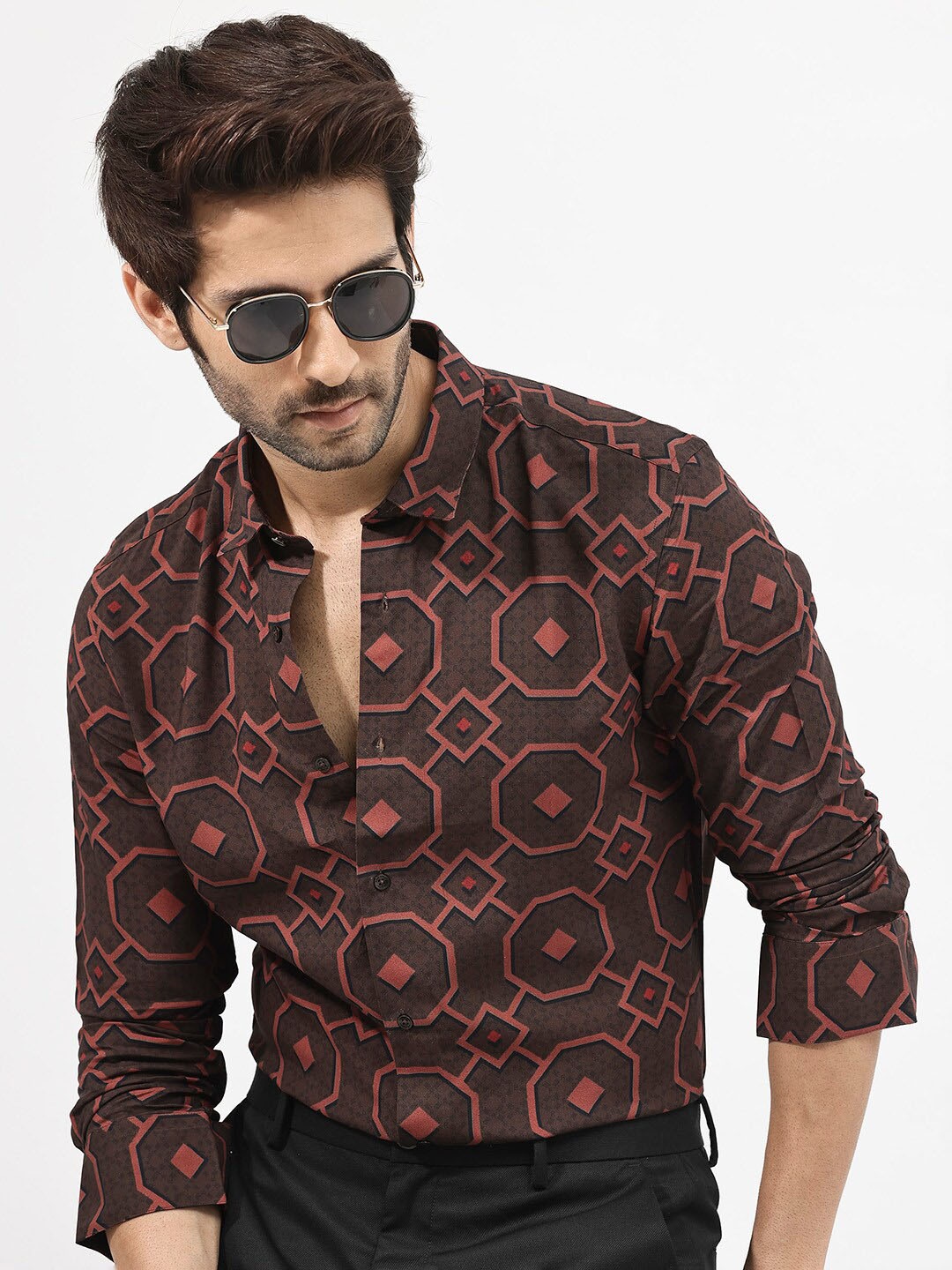 

RARE RABBIT Men Palmer Regular Fit Ethnic Motifs Printed Shirt, Brown