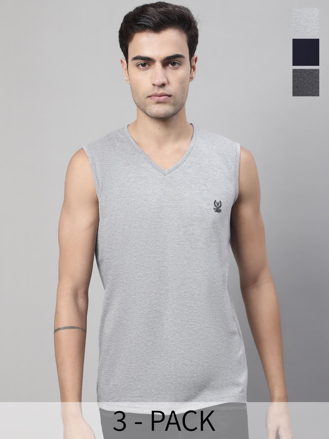 

VIMAL JONNEY Pack Of 3 Cotton Innerwear Vests V_SL_NVY_ANT_MLG._03, Blue
