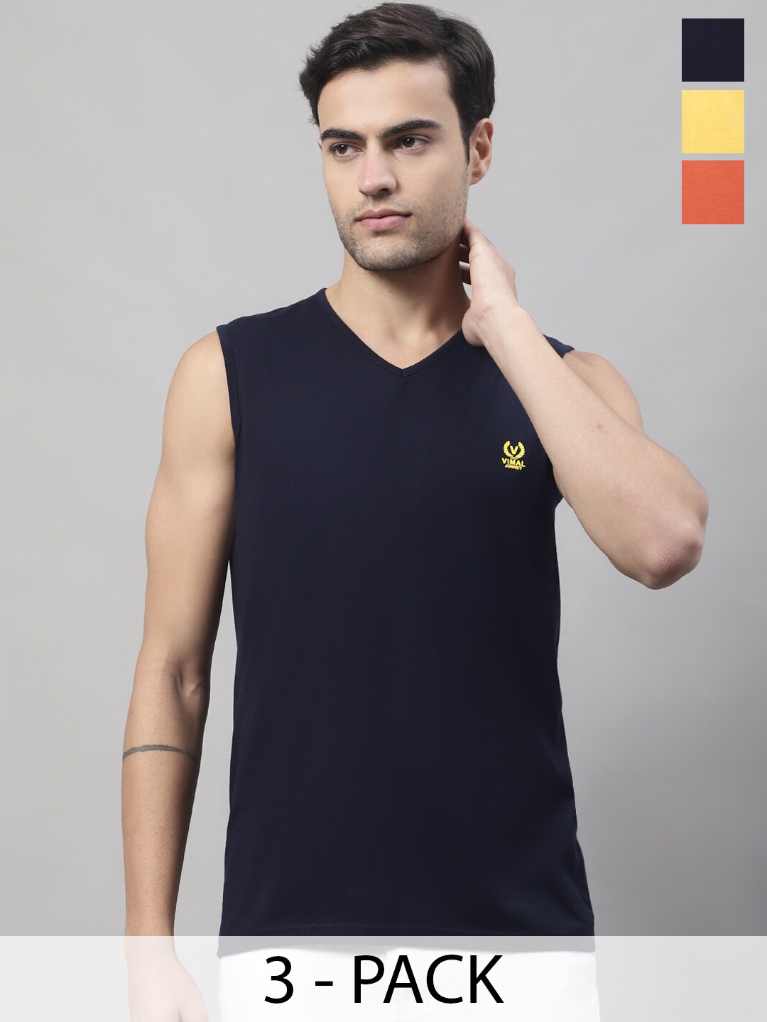 

VIMAL JONNEY Pack Of 3 Brand Logo Printed Cotton Gym Vests- V_SL_YLW_RST_NVY._03, Yellow