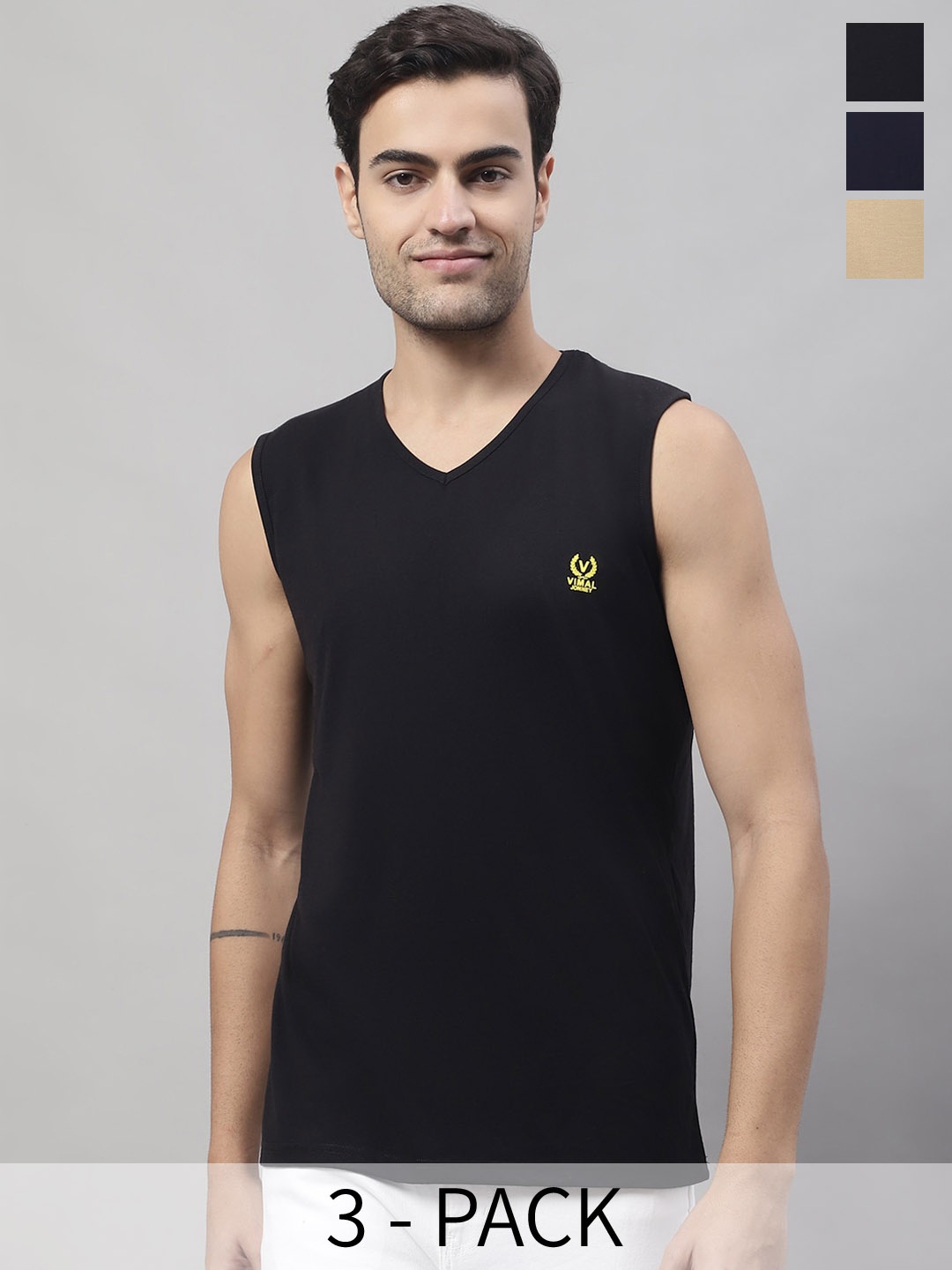 

VIMAL JONNEY Pack Of 3 Pure Cotton Gym Vest V_SL_NVY_MUD_BLK._03, Navy blue
