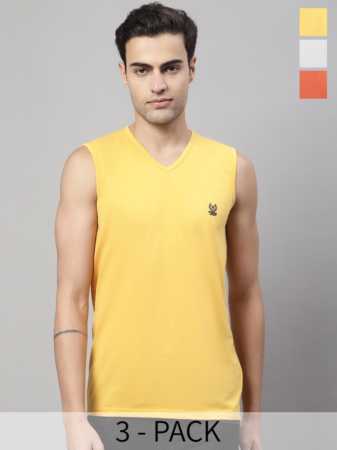 

VIMAL JONNEY Pack Of 3 Pure Cotton Gym Vests, Yellow
