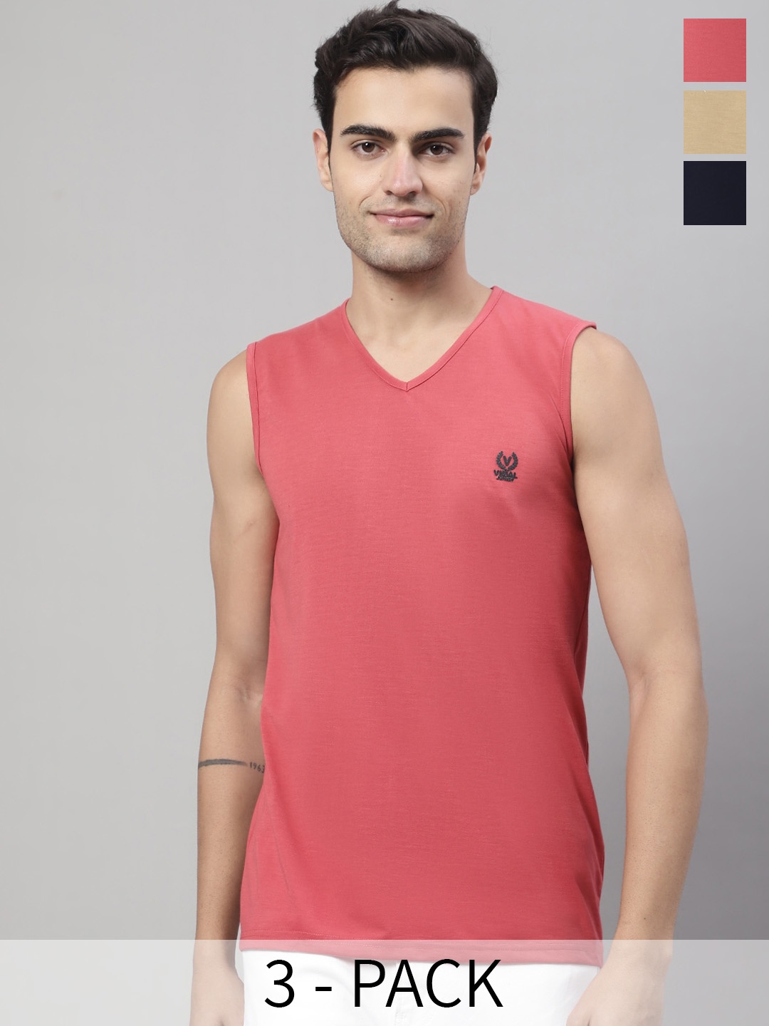 

VIMAL JONNEY Pack Of 3 Cotton Gym Vest V_SL_PNK_NVY_MUD._03, Pink