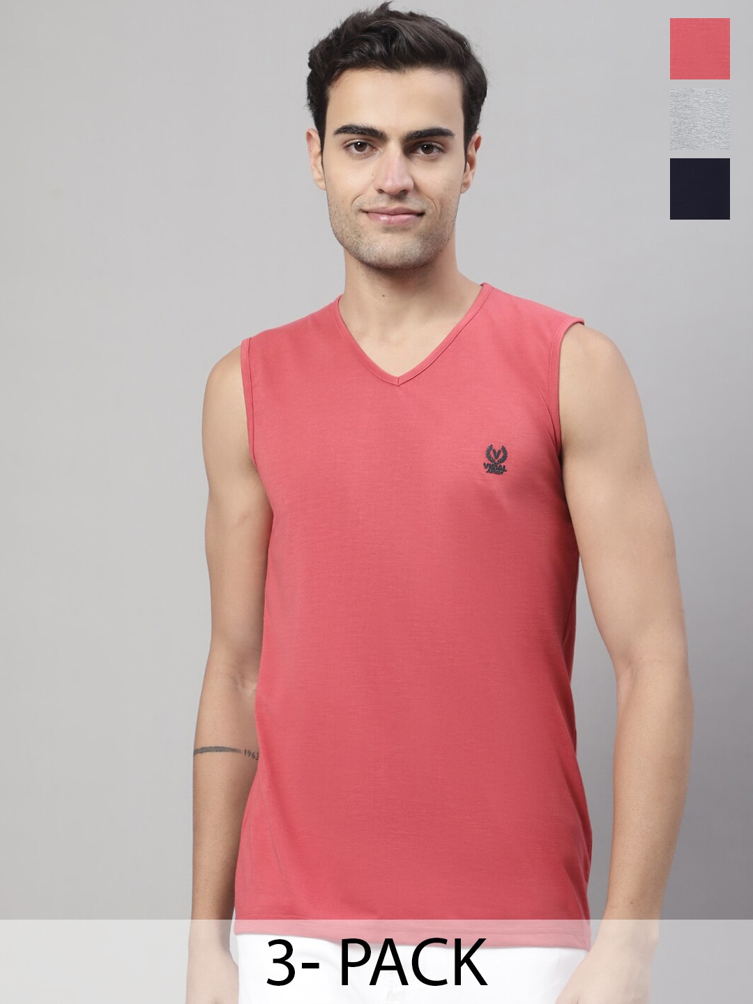 

VIMAL JONNEY Pack Of 3 Pure Cotton Gym Vest V_SL_PNK_NVY_MLG._03, Pink