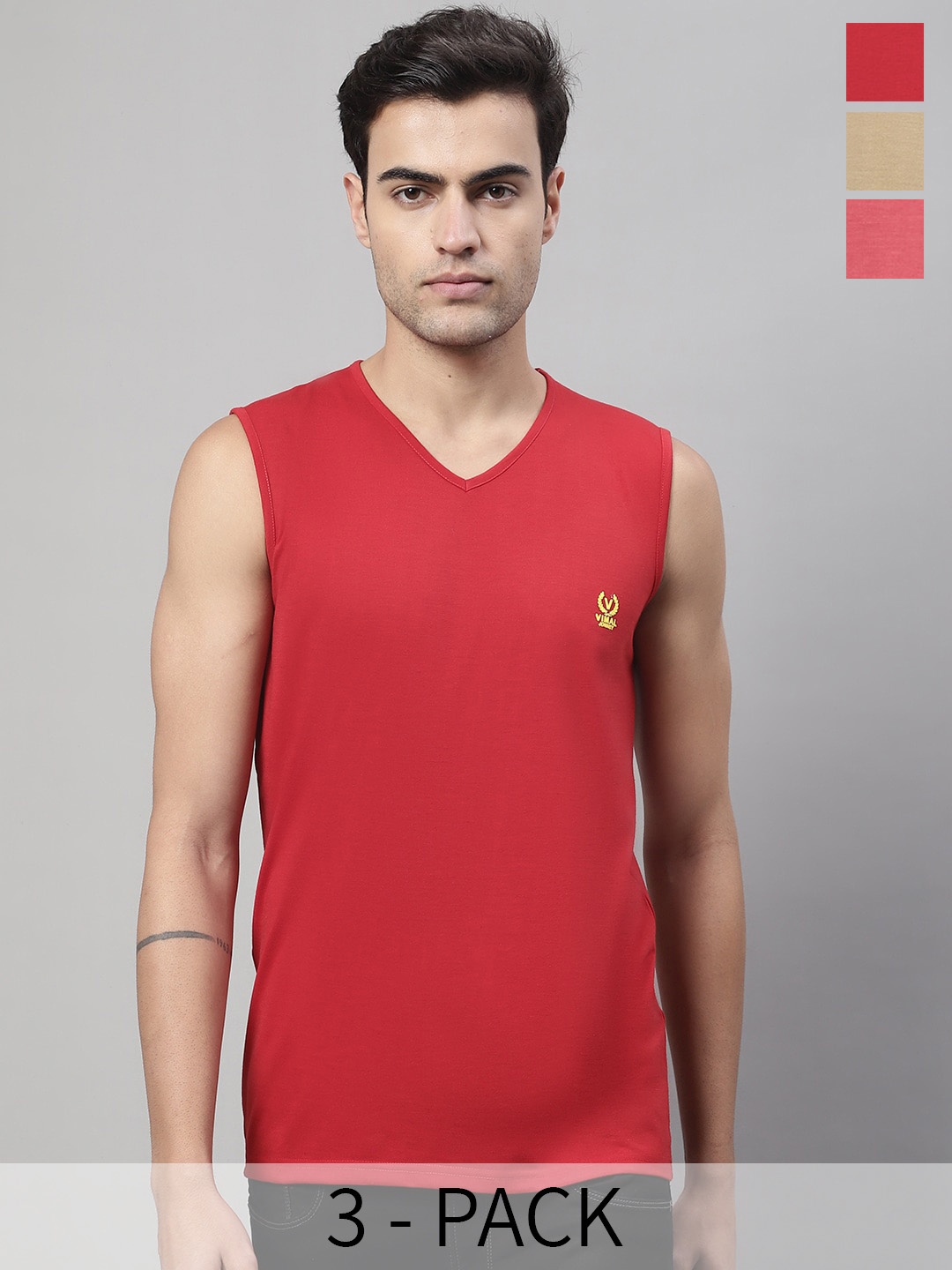 

VIMAL JONNEY Pack Of 3 Pure Cotton Gym Vest, Red