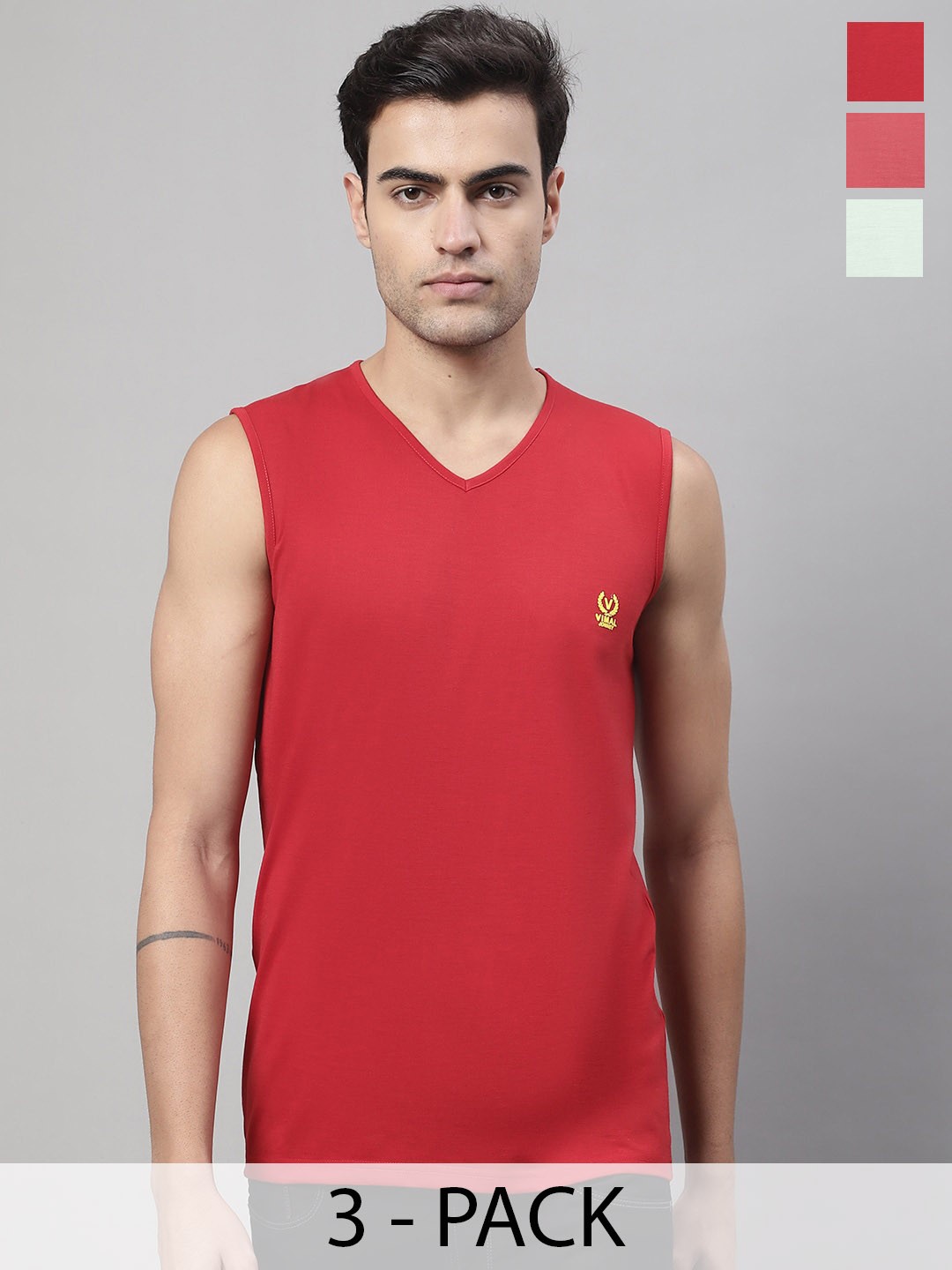 

VIMAL JONNEY Pack Of 3 Cotton Gym Vests V_SL_RED_PNK_L.GRN._03, Pink