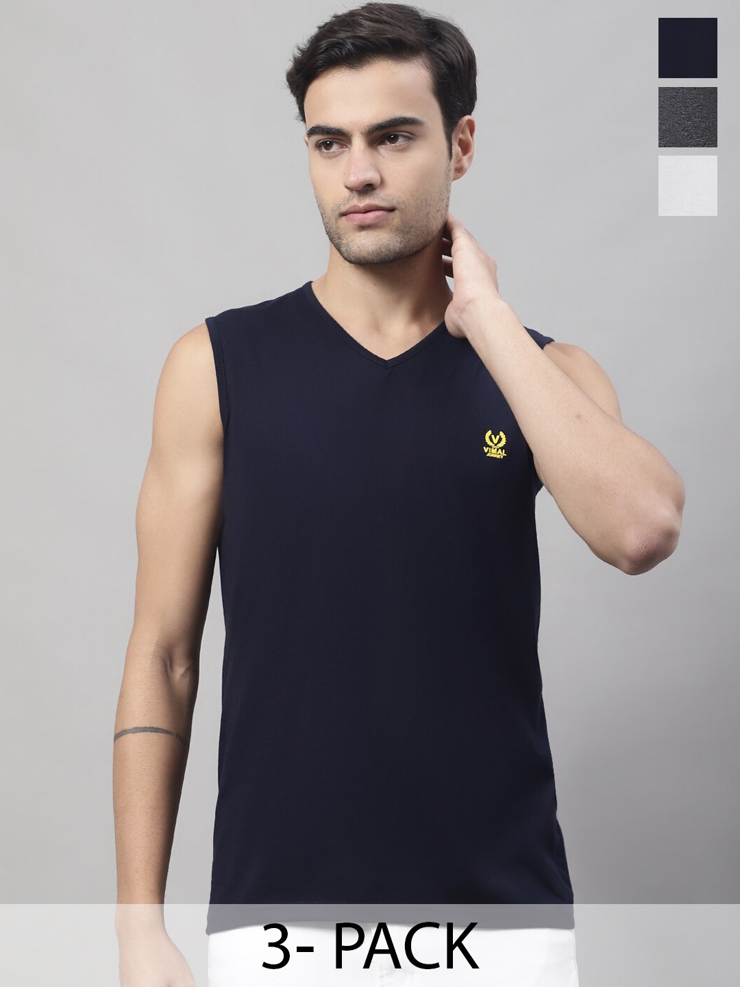 

VIMAL JONNEY Pack Of 3 Pure Cotton Gym Vest, Navy blue