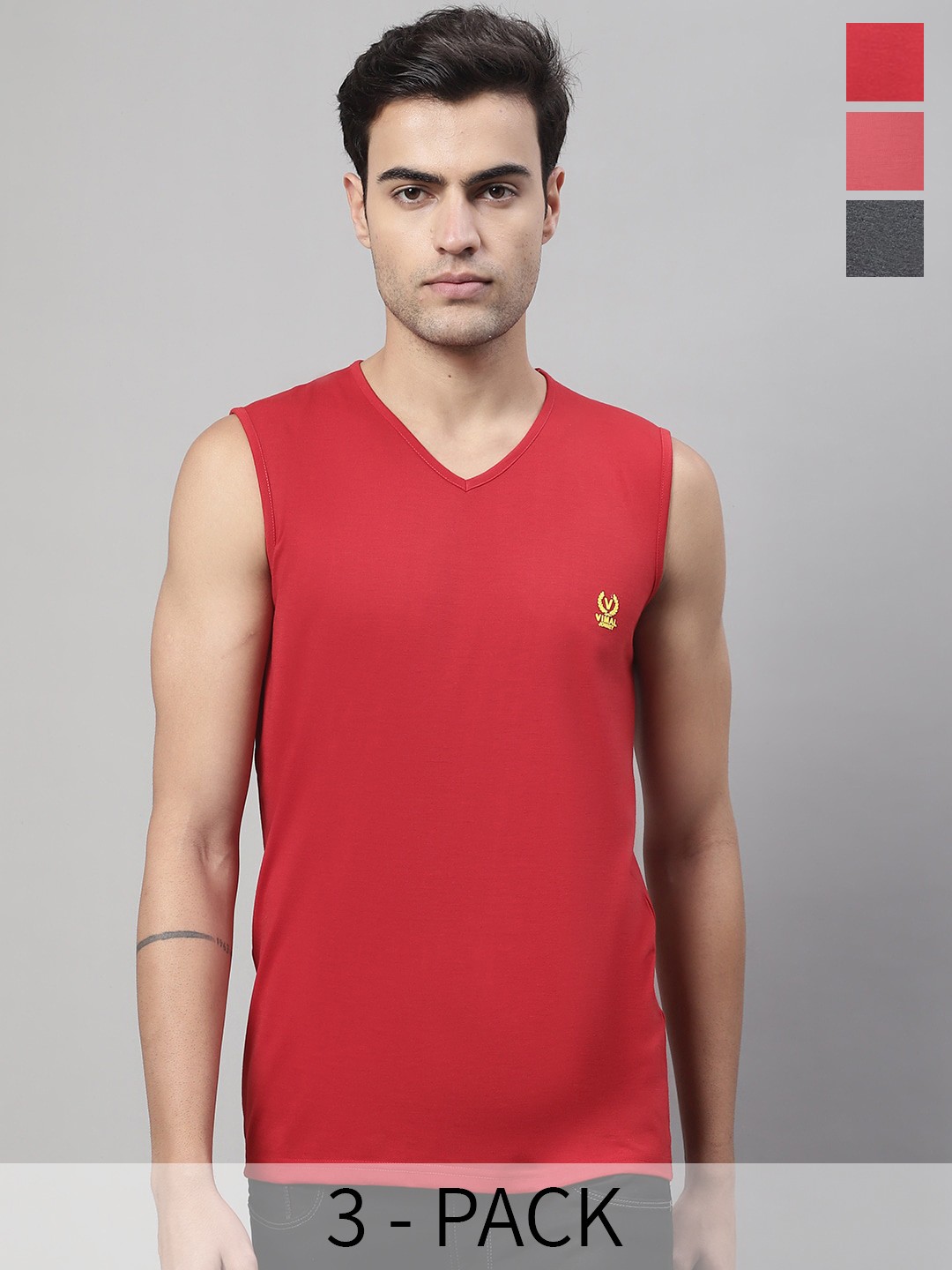 

VIMAL JONNEY Pack Of 3 Pure Cotton Gym Vest, Red