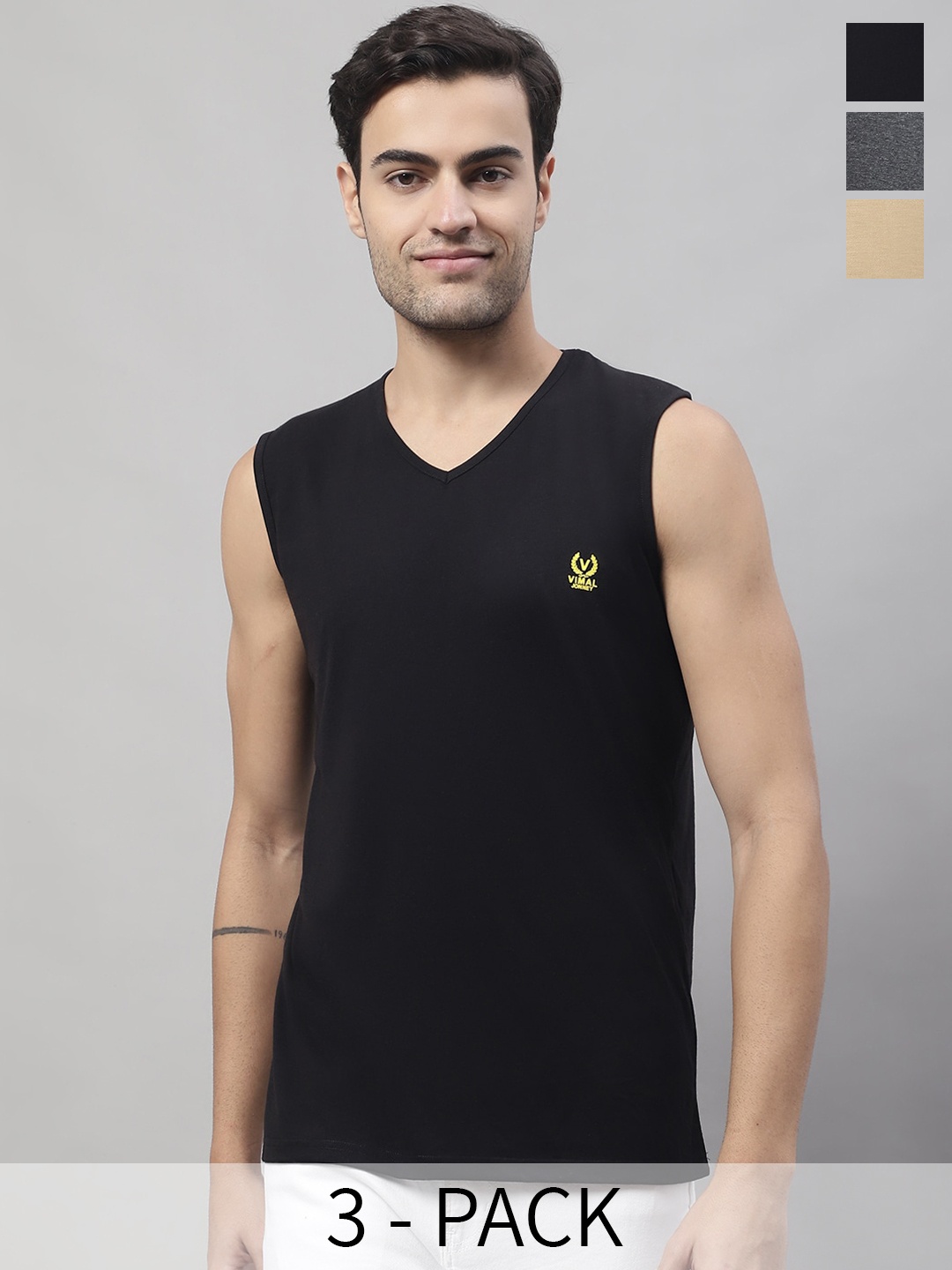 

VIMAL JONNEY Pack Of 3 Pure Cotton Gym Vest V_SL_MUD_ANT_BLK._03, Black