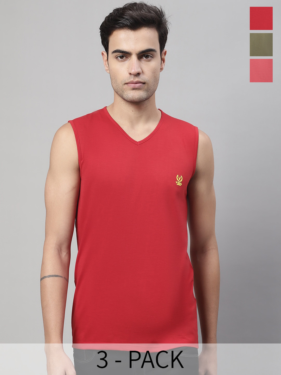 

VIMAL JONNEY Pack Of 3 Pure Cotton Gym Vest, Red