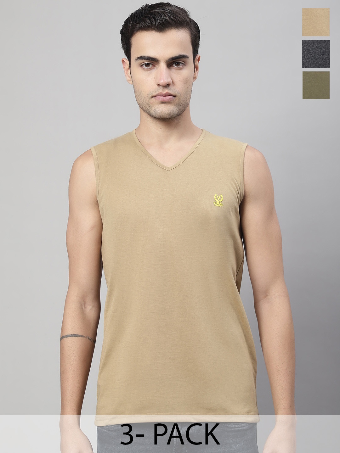

VIMAL JONNEY Pack Of 3 Pure Cotton Gym Vest V_SL_MUD_ANT_OLV._03, Olive