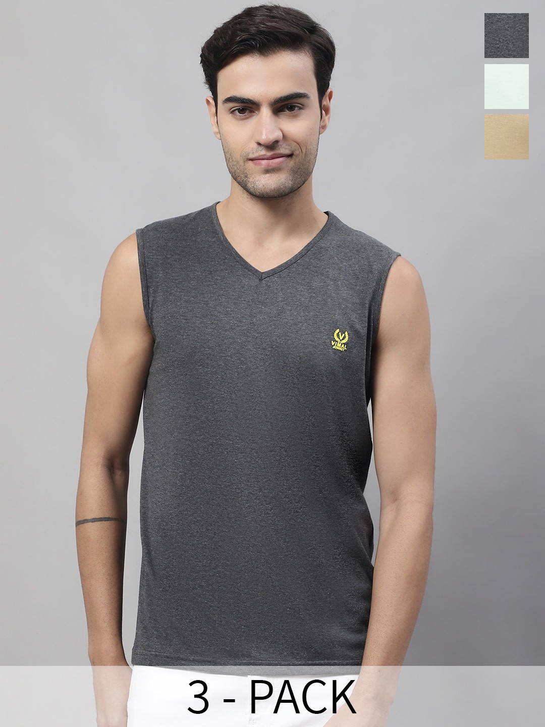 

VIMAL JONNEY Pack Of 3 Pure Cotton Gym Vest, Beige