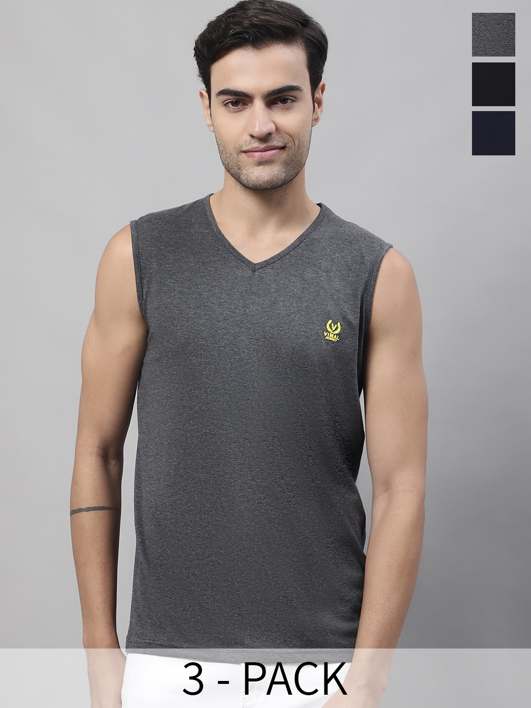 

VIMAL JONNEY Pack Of 3 Pure Cotton Gym Vests, Black