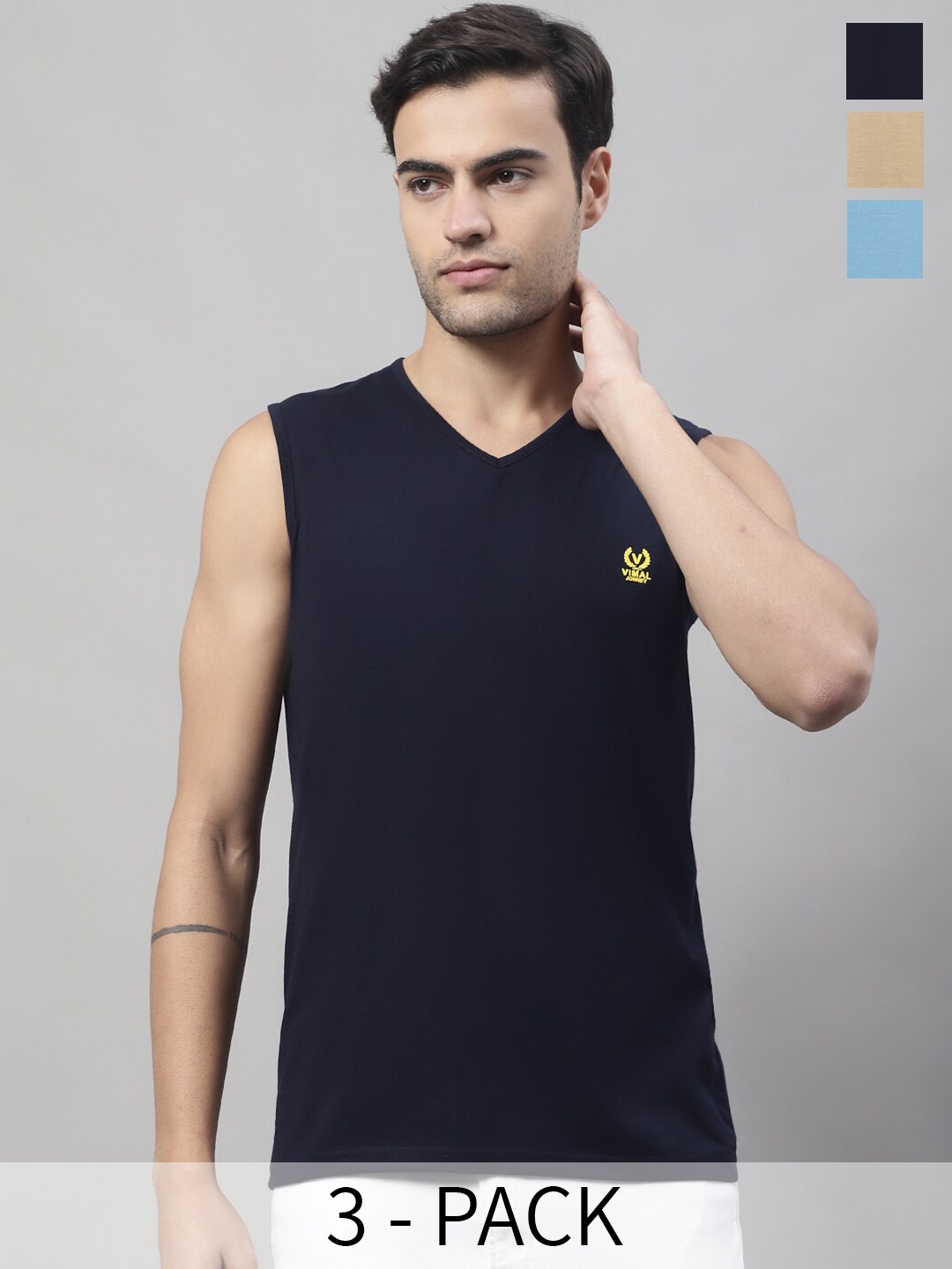 

VIMAL JONNEY Pack Of 3 Cotton Gym Vest V_SL_NVY_MUD_BLU._03, Blue