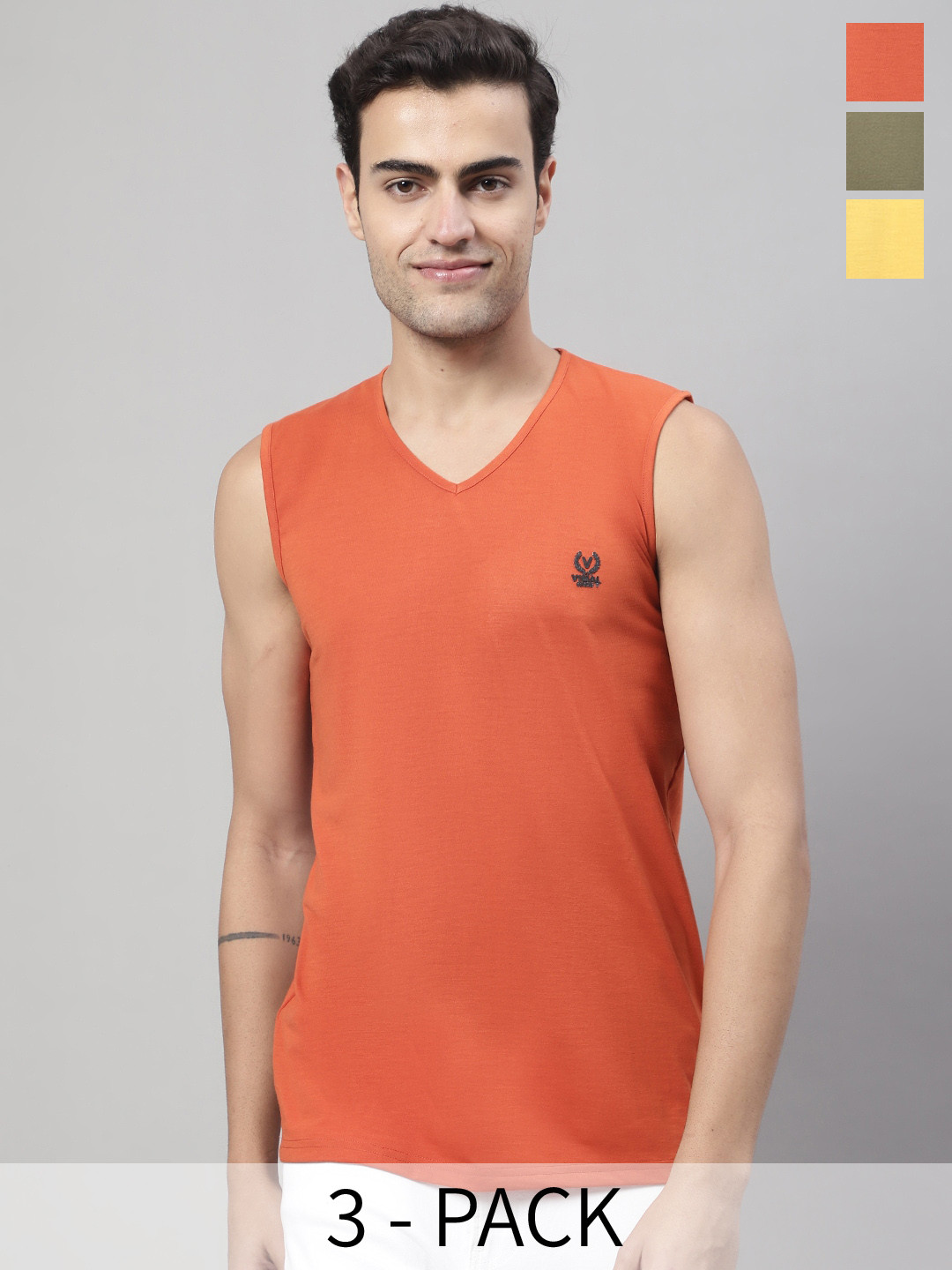 

VIMAL JONNEY Pack Of 3 Pure Cotton Gym Vest, Rust