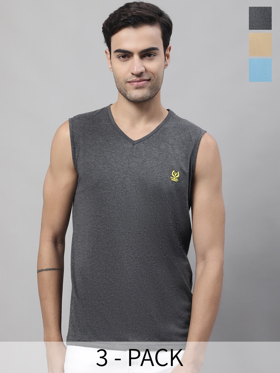 

VIMAL JONNEY Pack Of 3 Pure Cotton Gym Vest, Blue