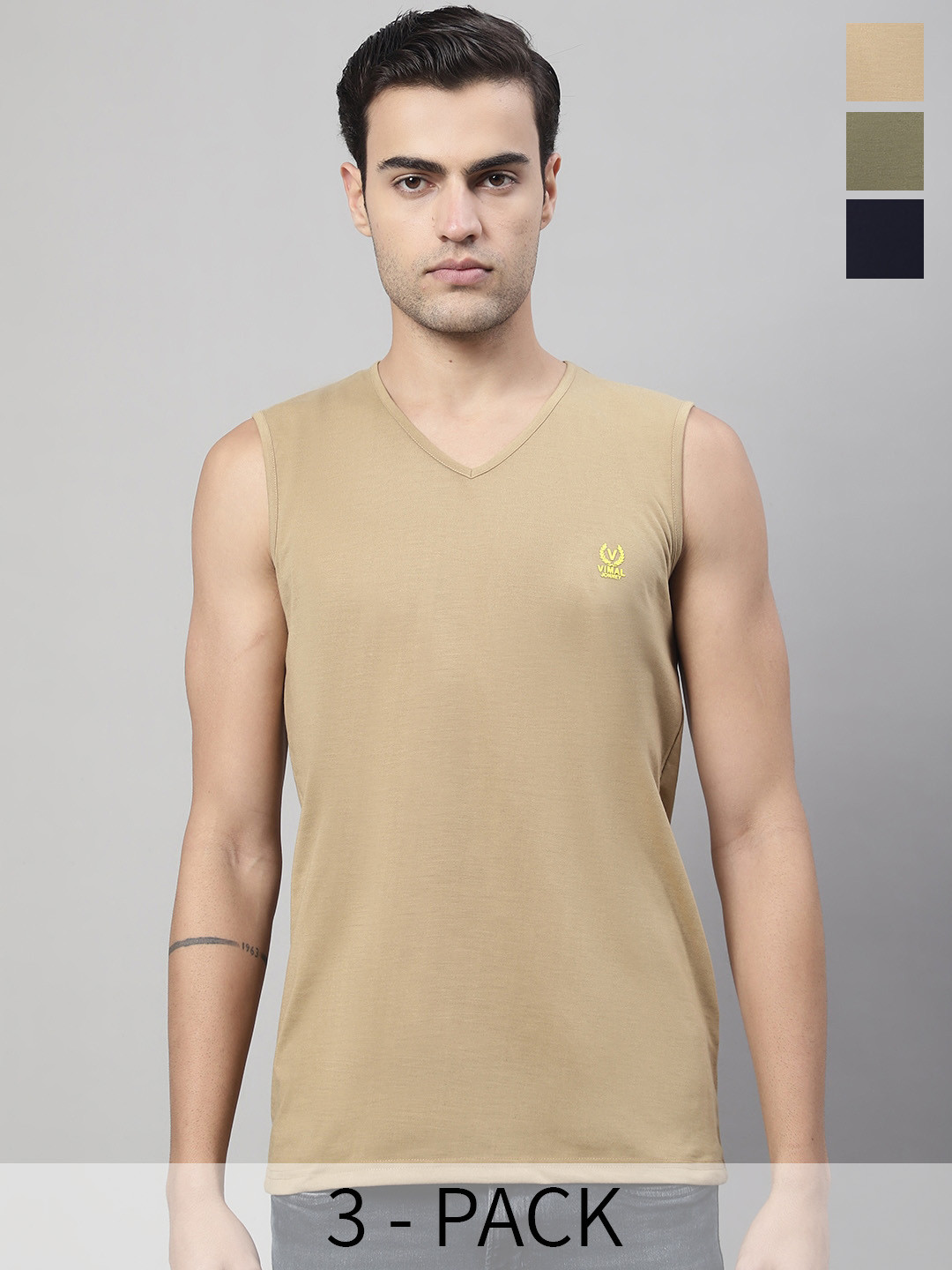 

VIMAL JONNEY Pack Of 3 Pure Cotton Gym Vest, Navy blue