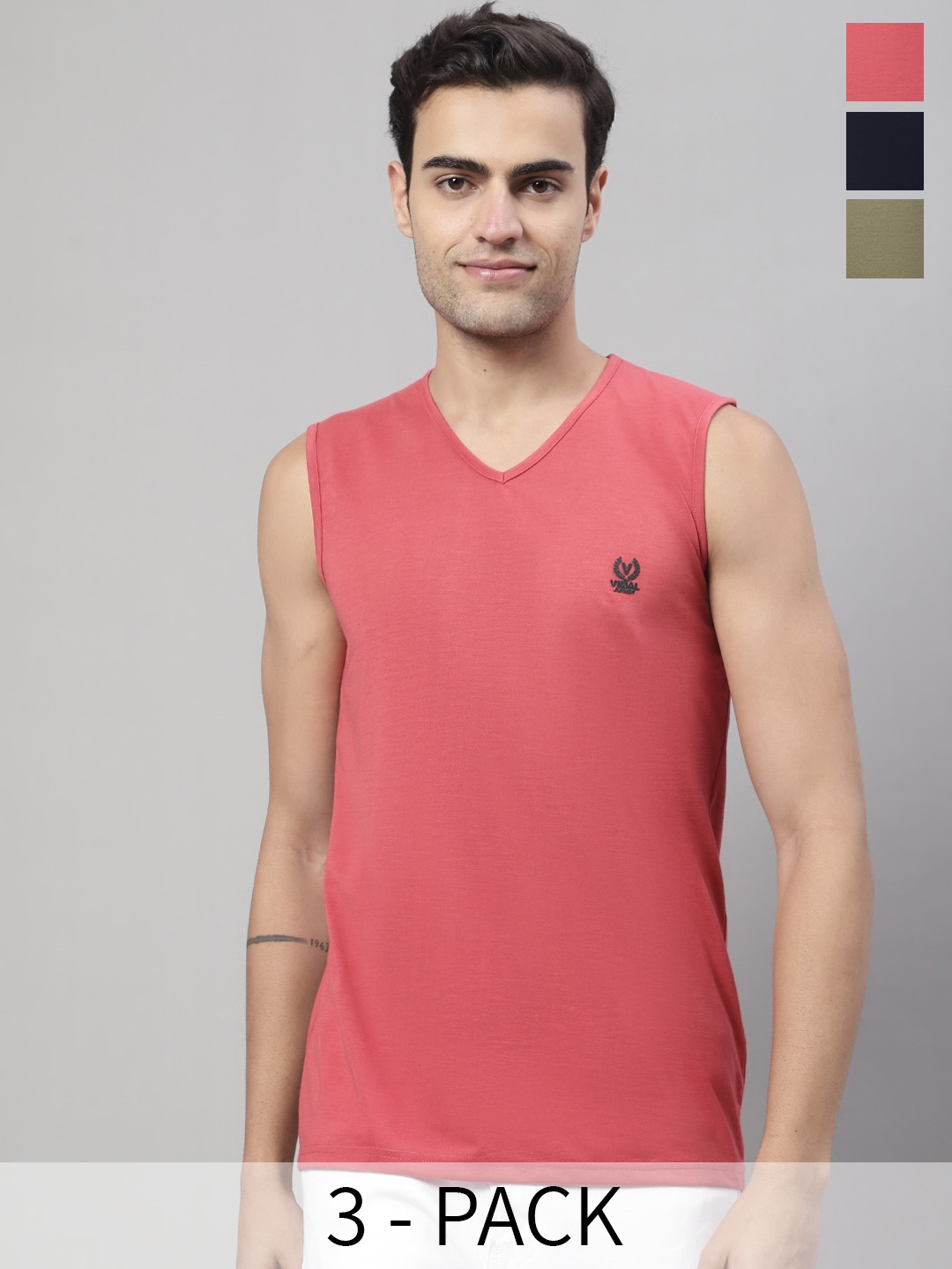 

VIMAL JONNEY Pack Of 3 Pure Cotton Gym Vest V_SL_PNK_NVY_OLV._03 V_SL_PNK_NVY_OLV._03, Pink