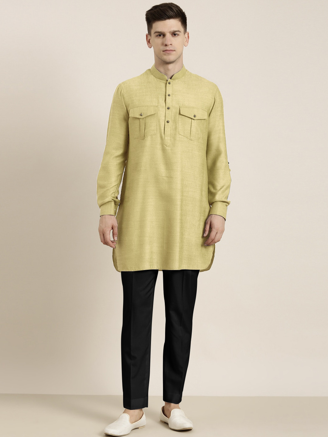 

TheEthnic.Co Shirt Collar Pure Cotton Pathani Kurta with Trousers, Green