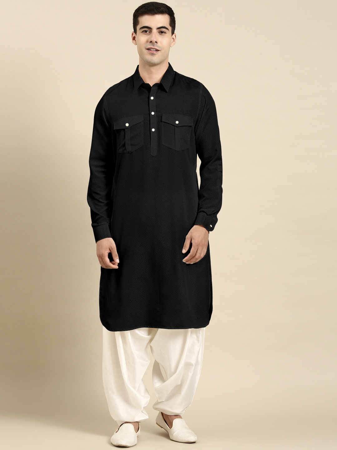 

TheEthnic.Co Shirt Collar Pure Cotton Pathani Kurta with Salwar, Black