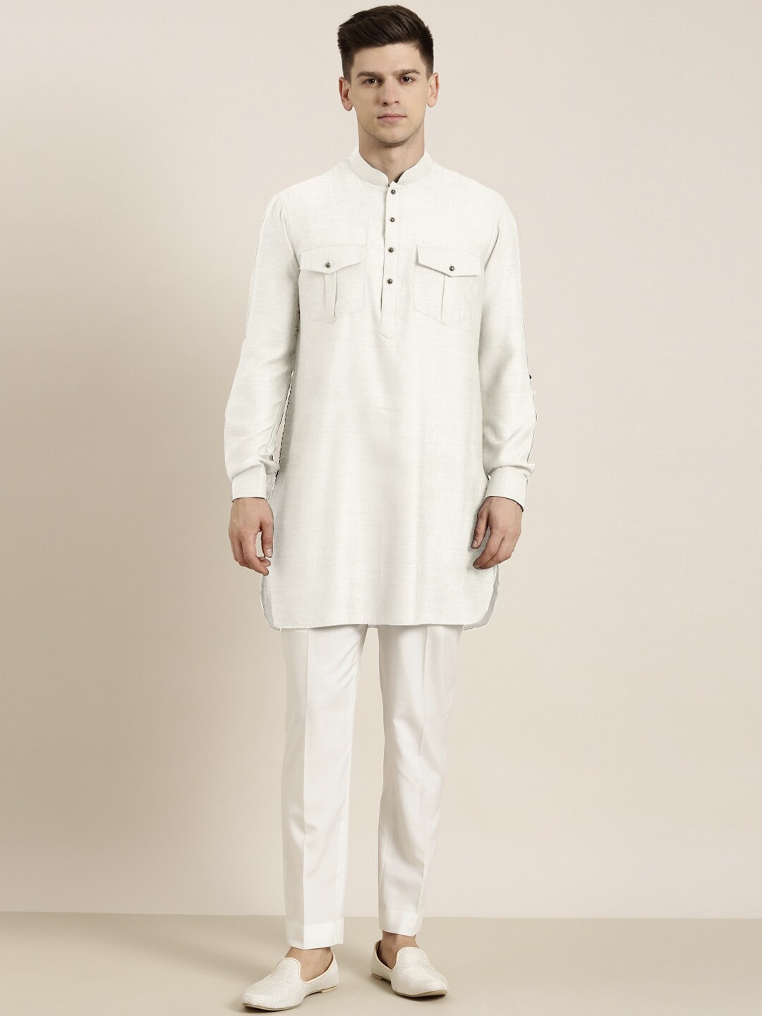 

TheEthnic.Co Shirt Collar Pure Cotton Pathani Kurta with Trousers, Off white