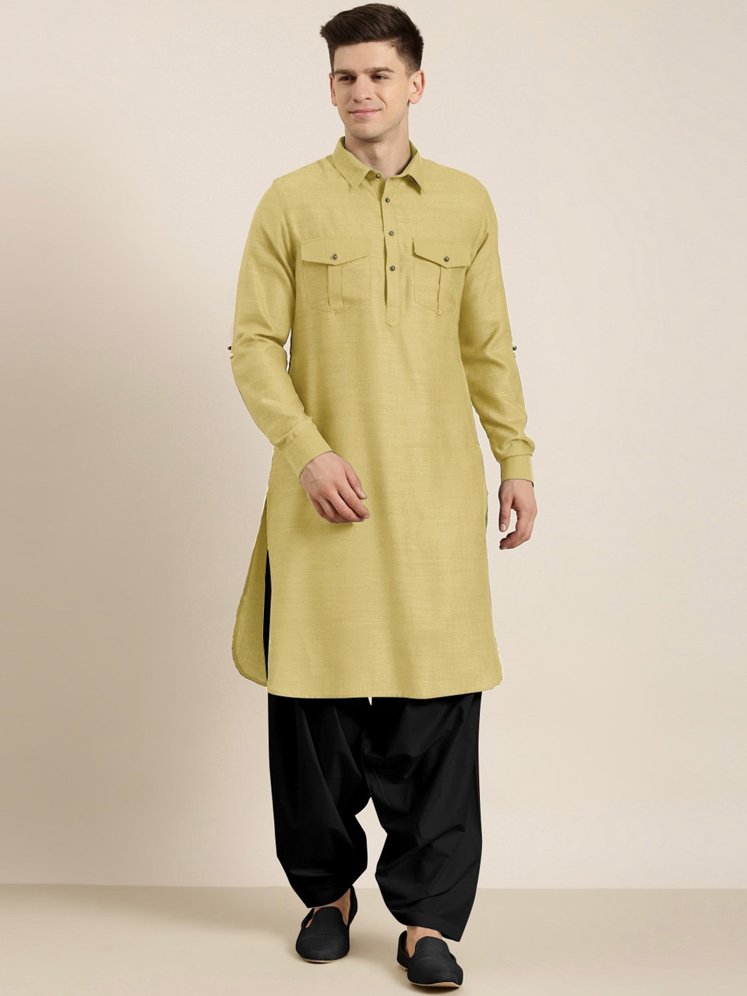 

TheEthnic.Co Shirt Collar Pathani Kurta With Salwar, Beige