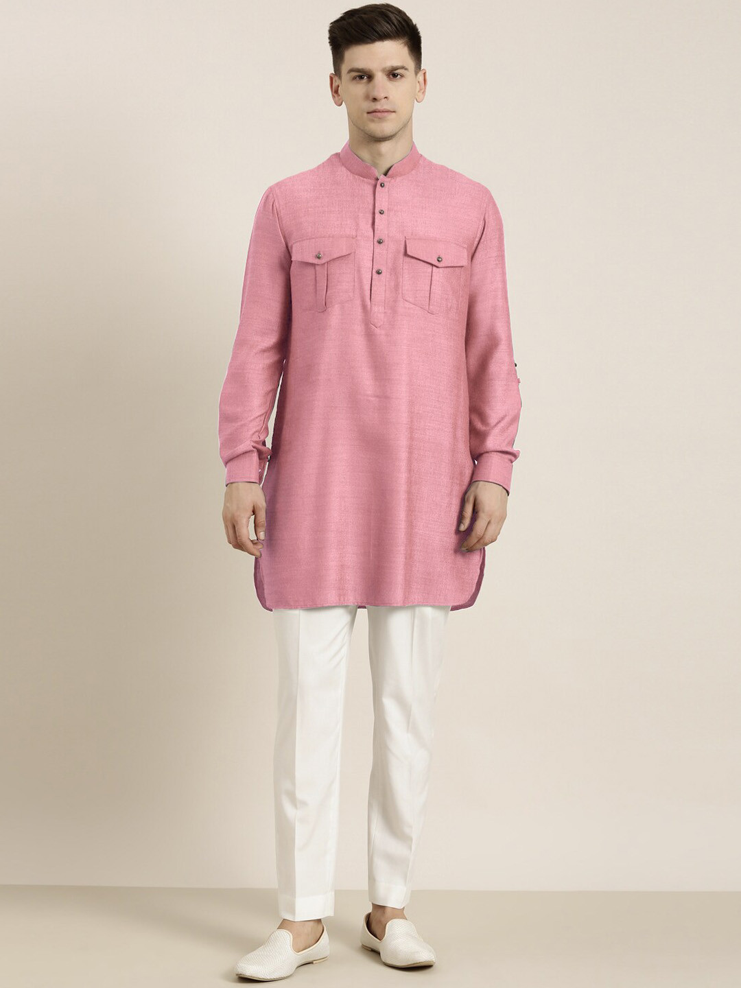 

TheEthnic.Co Shirt Collar Pure Cotton Pathani Kurta with Trousers, Pink
