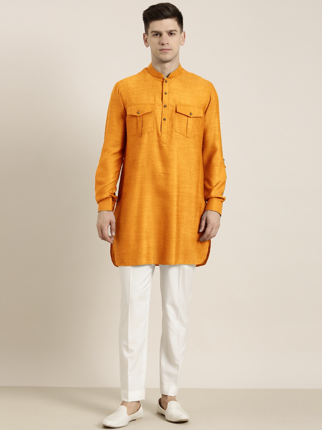 

TheEthnic.Co Shirt Collar Pure Cotton Pathani Kurta with Trousers, Mustard