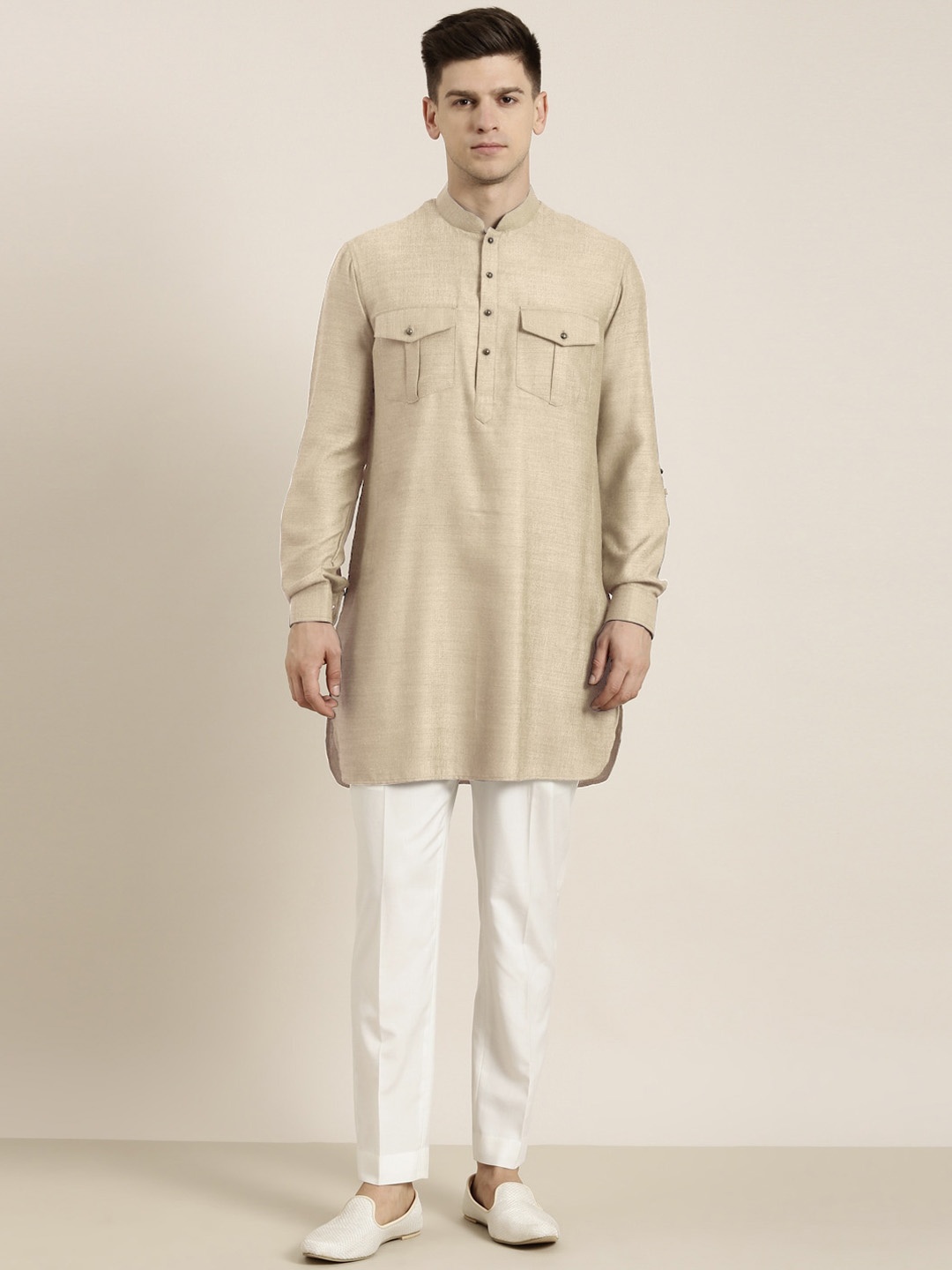 

TheEthnic.Co Mandarin Collar Pure Cotton Pathani Kurta with Trousers, Beige