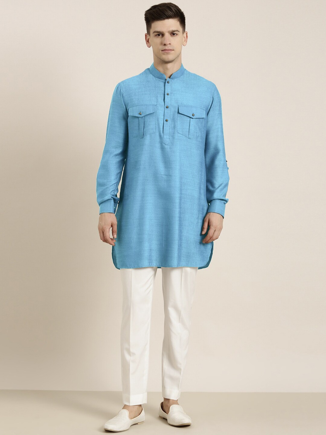 

TheEthnic.Co Shirt Collar Pure Cotton Pathani Kurta with Trousers, Blue