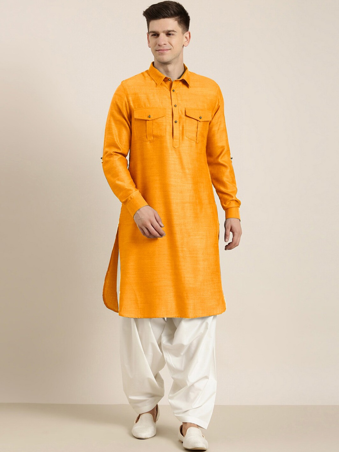 

TheEthnic.Co Shirt Collar Pure Cotton Pathani Kurta with Salwar, Mustard