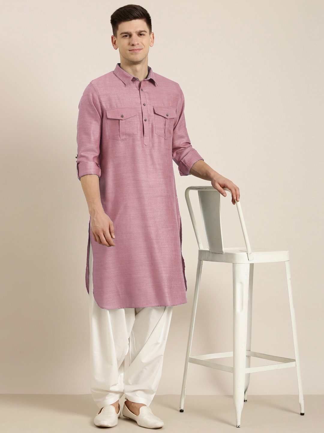 

TheEthnic.Co Shirt Collar Pure Cotton Pathani Kurta with Salwar, Pink