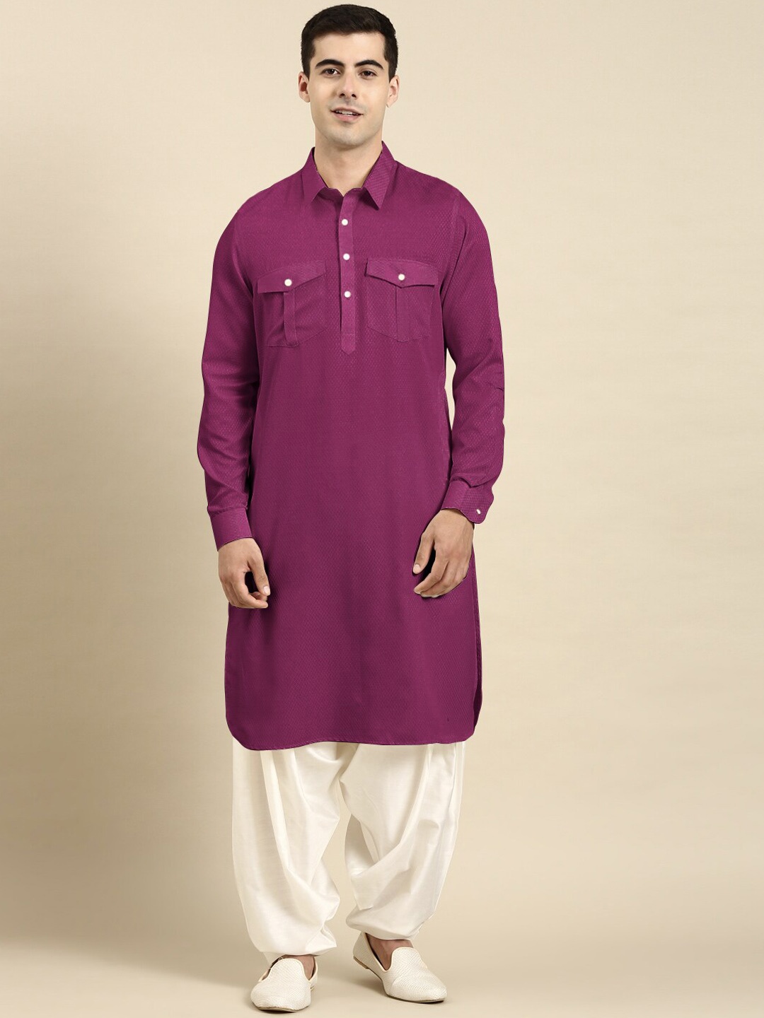 

TheEthnic.Co Shirt Collar Pure Cotton Pathani Kurta with Salwar, Purple