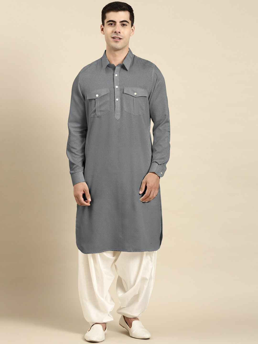 

TheEthnic.Co Shirt Collar Pure Cotton Pathani Kurta with Salwar, Grey