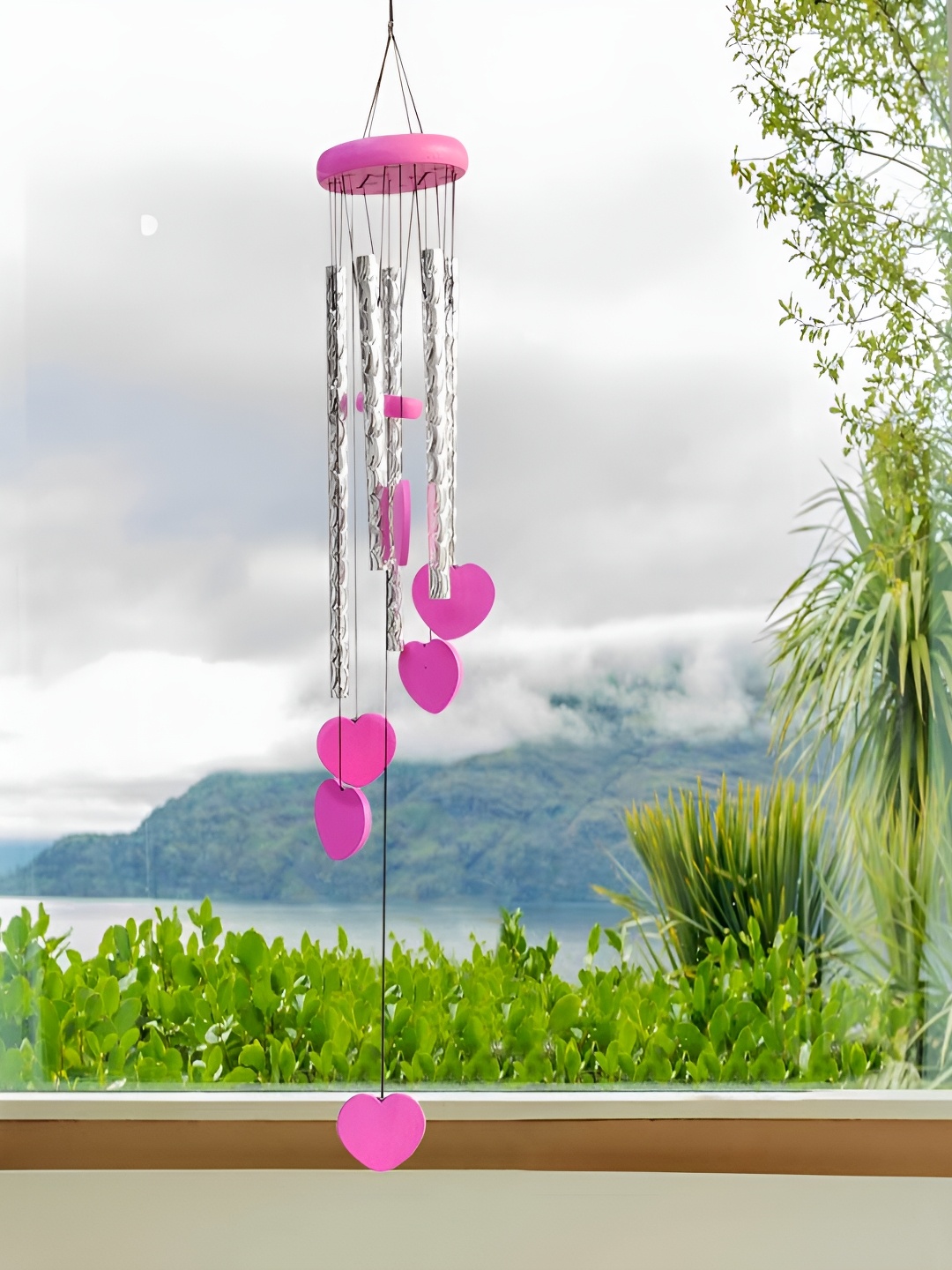 

Shubhanjali Pink Silver Toned Heart Windchimes