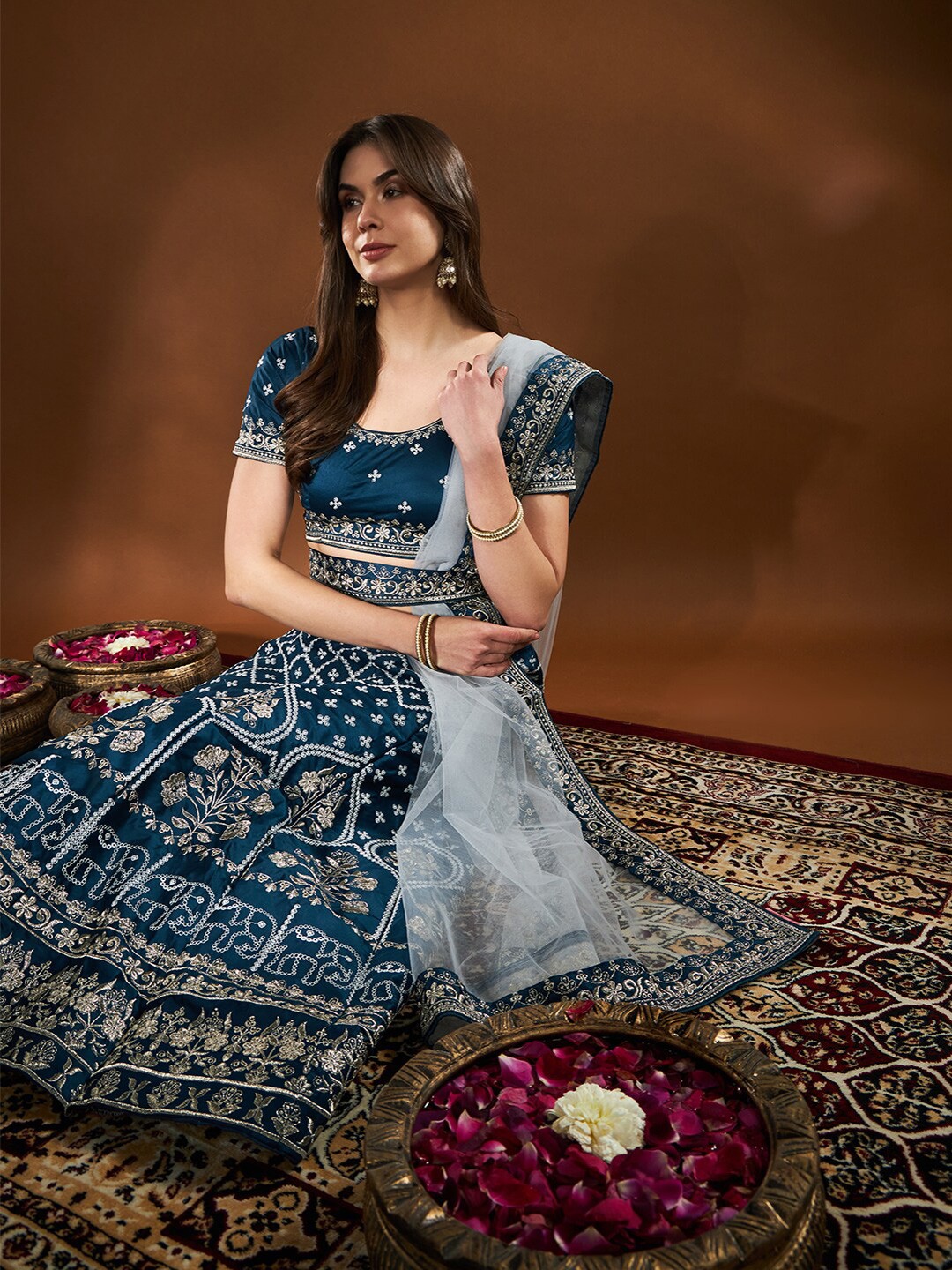 

THE52 Embroidered Thread Work Semi-Stitched Lehenga & Unstitched Blouse With Dupatta, Blue