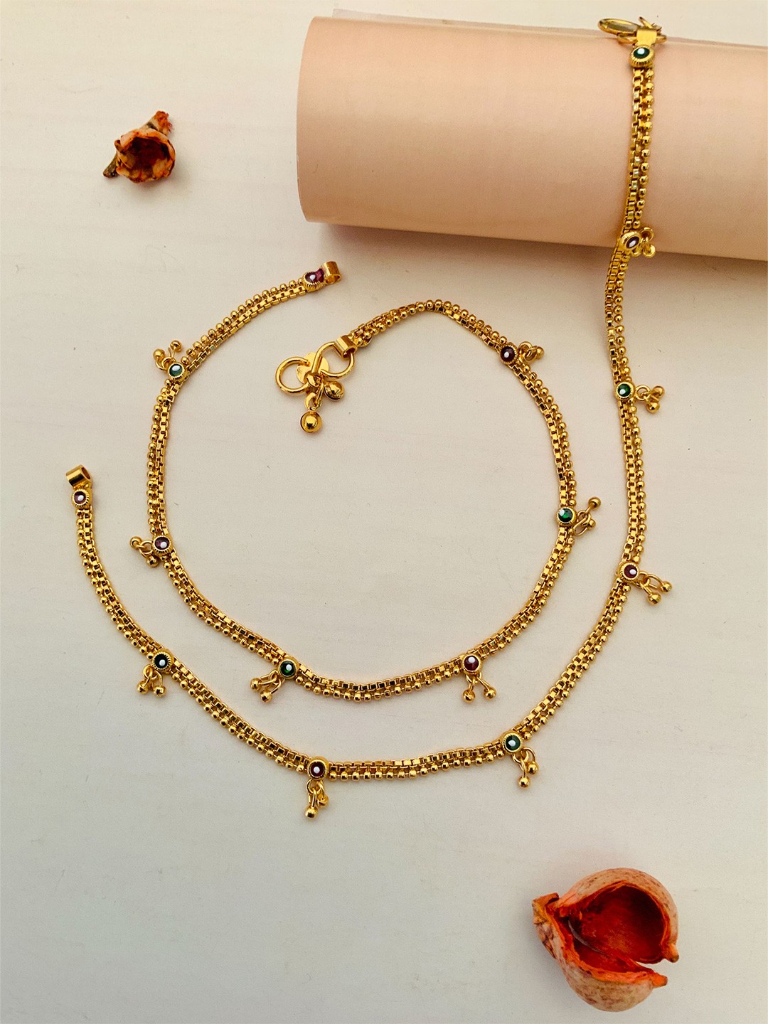 

Anouk Set Of 2 Gold-Plated Stone-Studded and Beaded Brass Anklet