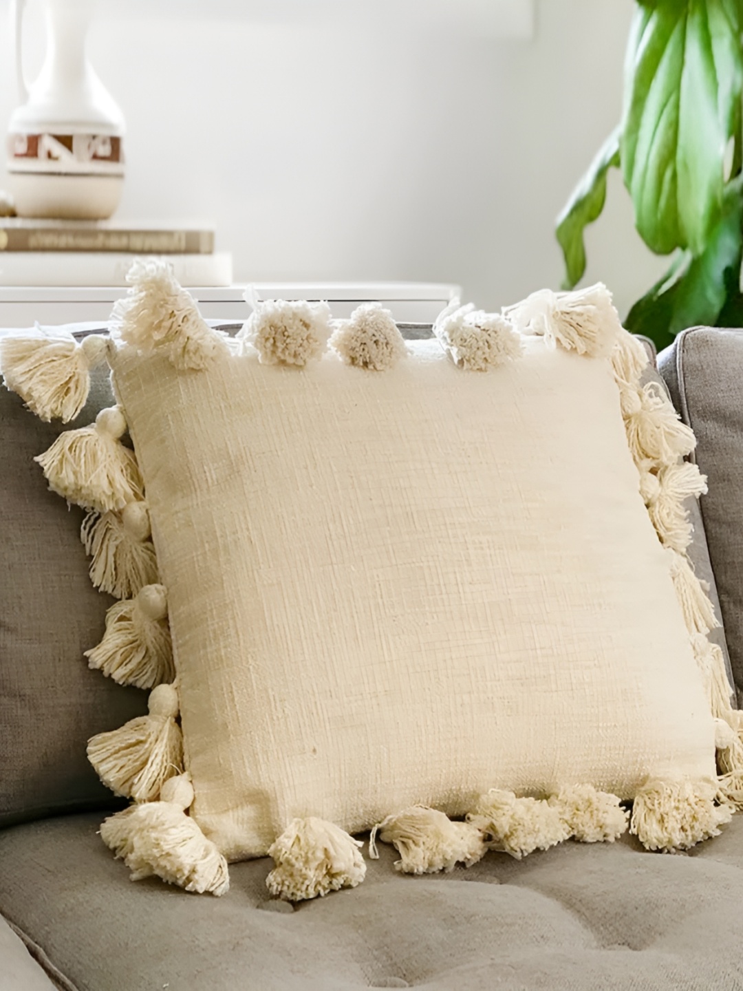 

BIRD WING Beige Tasselled Square Cushion Cover